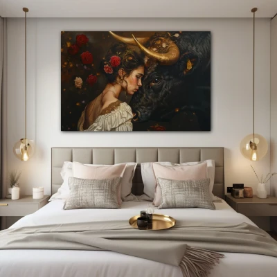 Wall Art titled: Invisible Bonds in a Horizontal format with: Golden, and Black Colors; Decoration the Bedroom wall