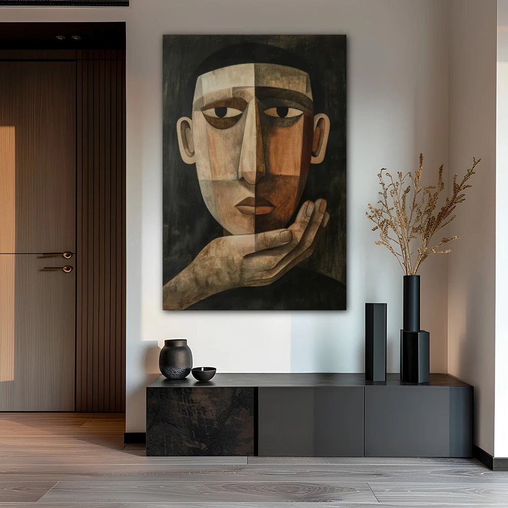 Cuadro reflexión introspectiva en formato vertical con colores marrón; decorando pared de oficina
