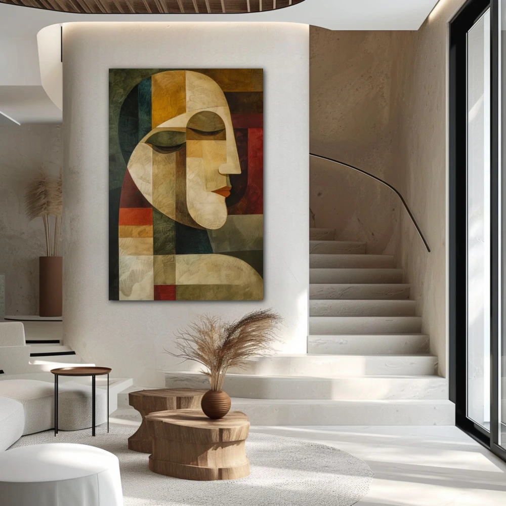 Wall Art titled: Fragments of Thought in a Vertical format with: Brown, and Beige Colors; Decoration the Staircase wall