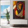 Wall Art titled: Meditative Introspection in a Vertical format with: Yellow, Brown, Orange, and Red Colors; Decoration the Sideboard wall