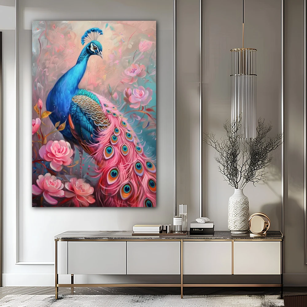 Wall Art titled: Imperial Courtship in a Vertical format with: Blue, Pink, and Pastel Colors; Decoration the Sideboard wall
