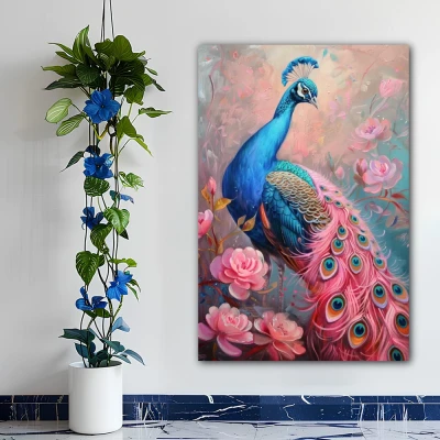 Wall Art titled: Imperial Courtship in a  format with: Blue, Pink, and Pastel Colors; Decoration the Bathroom wall