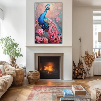 Wall Art titled: Imperial Courtship in a  format with: Blue, Pink, and Pastel Colors; Decoration the Fireplace wall