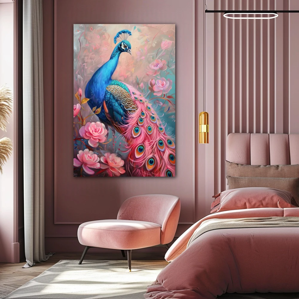 Cuadro cortejo imperial en formato vertical con colores azul, rosa, pastel; decorando pared de habitación dormitorio