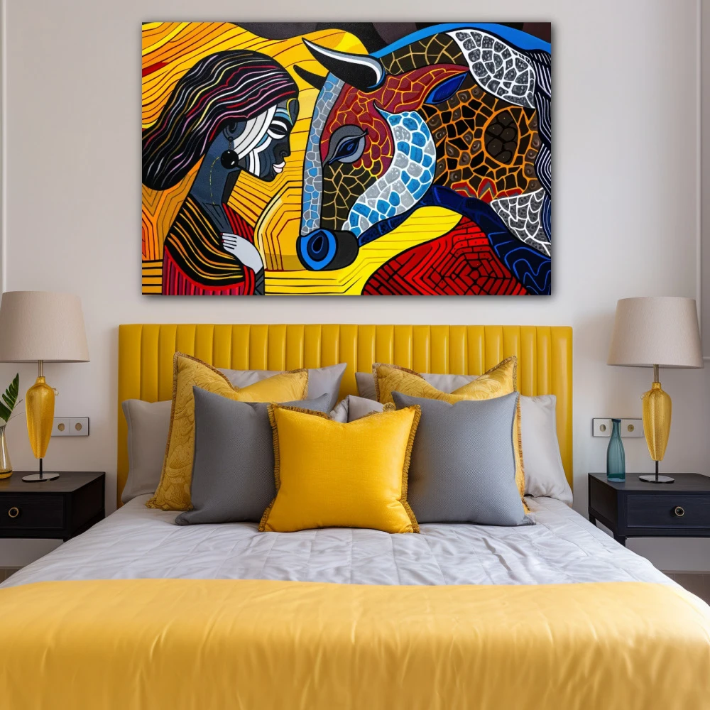 Cuadro reflejos del espíritu en formato horizontal con colores amarillo, azul, rojo; decorando pared de habitación dormitorio