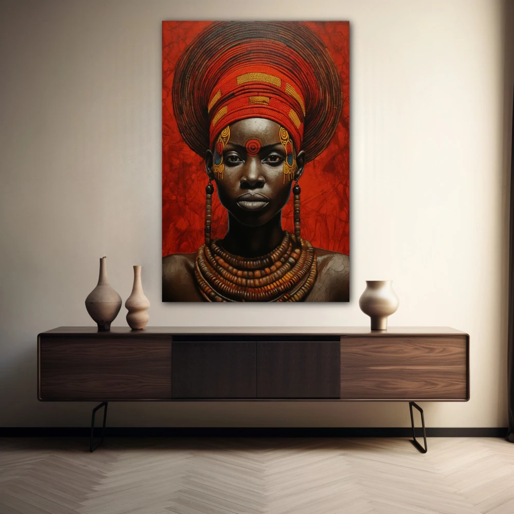 Wall Art titled: Zahara Toure in a Vertical format with: Brown, Mustard, and Red Colors; Decoration the Sideboard wall