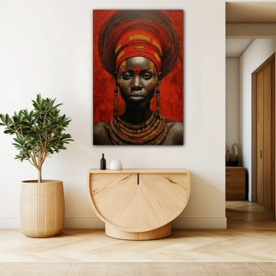 Wall Art titled: Zahara Toure in a  format with: Brown, Mustard, and Red Colors; Decoration the Beige Wall wall