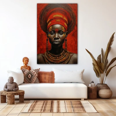 Wall Art titled: Zahara Toure in a  format with: Brown, Mustard, and Red Colors; Decoration the White Wall wall