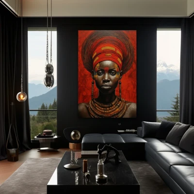 Wall Art titled: Zahara Toure in a  format with: Brown, Mustard, and Red Colors; Decoration the Black Walls wall