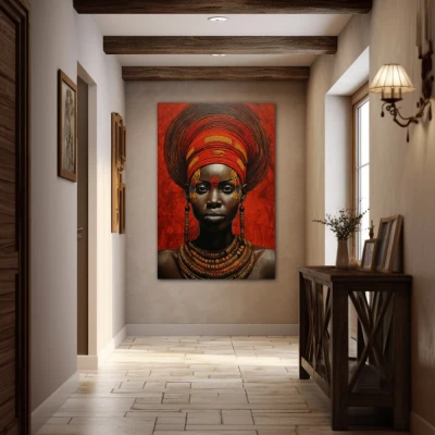 Wall Art titled: Zahara Toure in a  format with: Brown, Mustard, and Red Colors; Decoration the Hallway wall