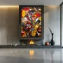 Cuadro Jazz Cubista en formato vertical con colores Amarillo, Marrón, Rojo; Decorando pared de Chimenea