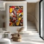 Cuadro Jazz Cubista en formato vertical con colores Amarillo, Marrón, Rojo; Decorando pared de Escalera