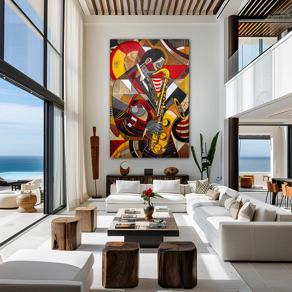 Wall Art titled: Cubist Jazz in a Vertical format with: Yellow, Brown, and Red Colors; Decoration the Living Room wall