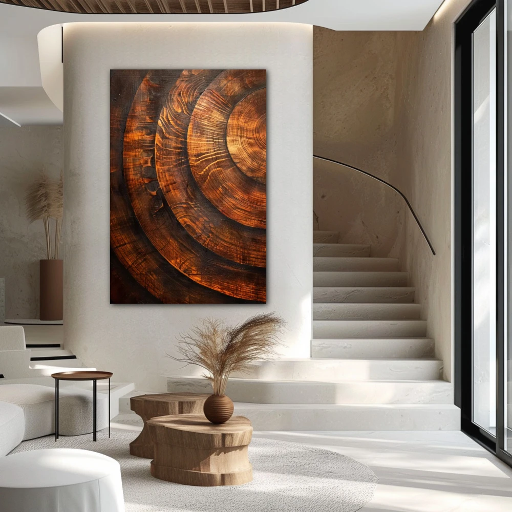 Cuadro ecos del tiempo en formato vertical con colores marrón; decorando pared de escalera