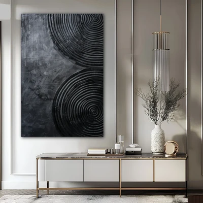 Wall Art titled: Spiral of Silence in a Vertical format with: Black, and Monochromatic Colors; Decoration the Sideboard wall