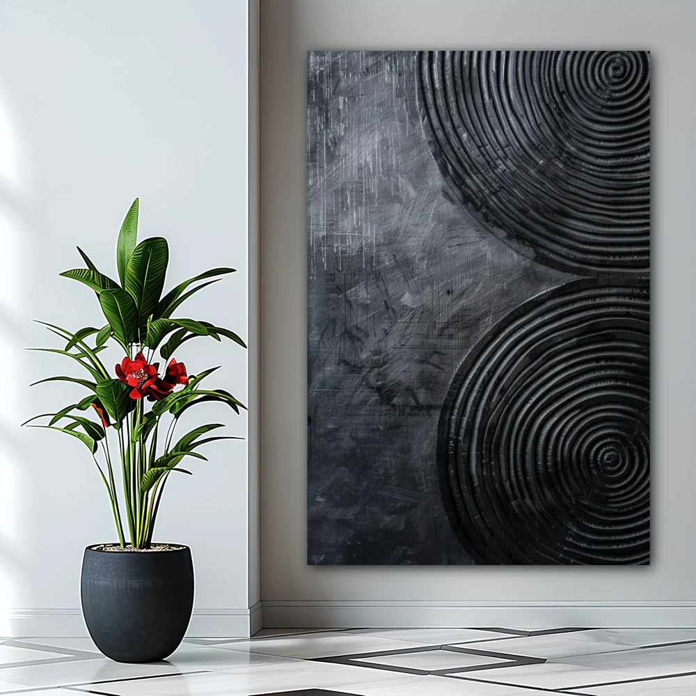 Cuadro espiral de silencio en formato vertical con colores negro, monocromático; decorando pared de baño