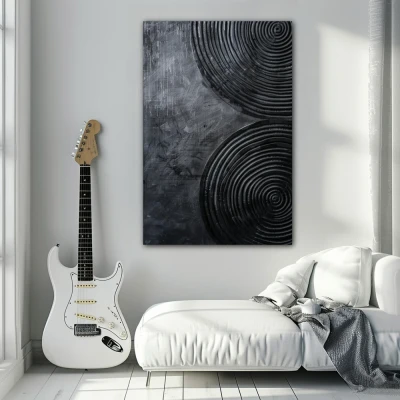 Wall Art titled: Spiral of Silence in a Vertical format with: Black, and Monochromatic Colors; Decoration the White Wall wall