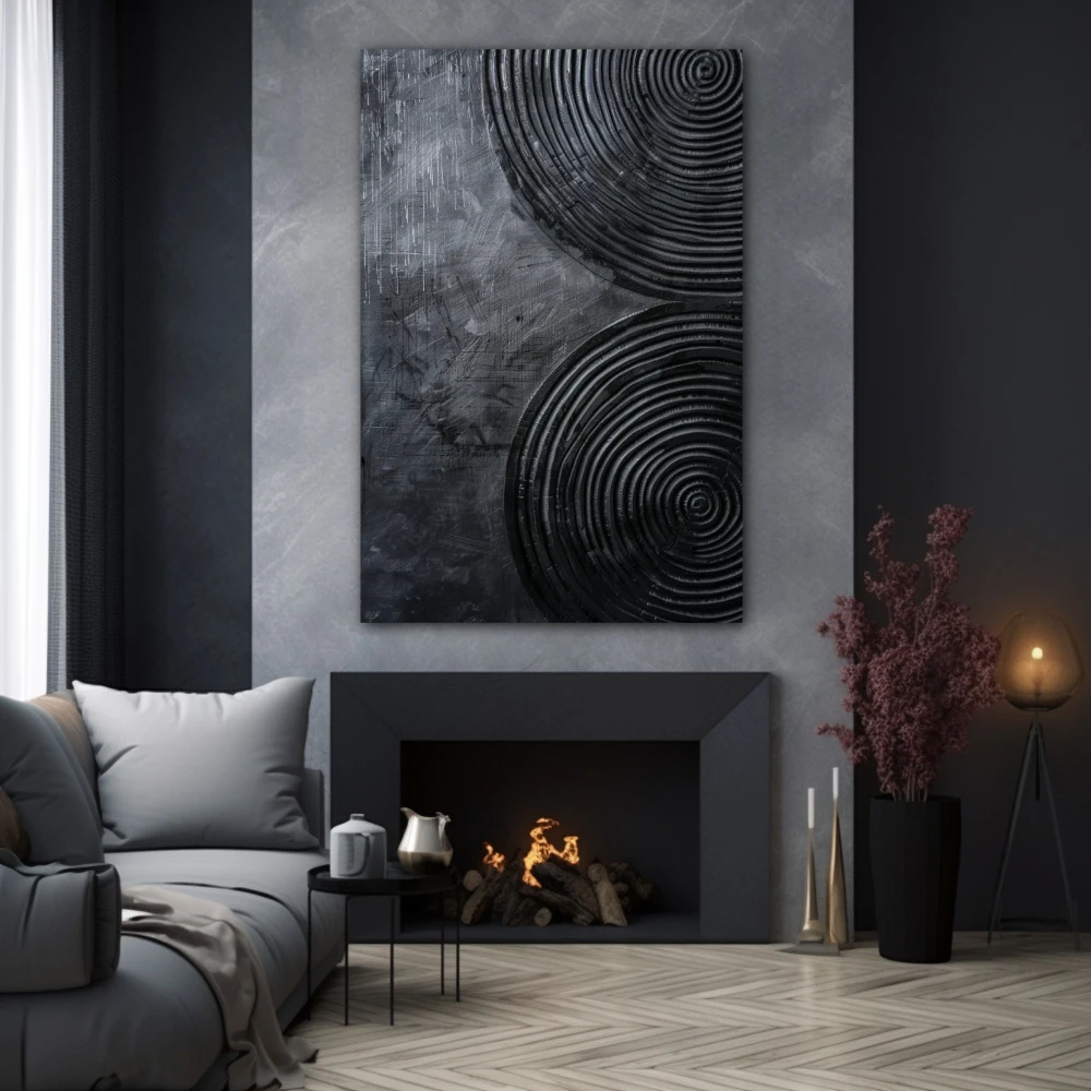 Cuadro espiral de silencio en formato vertical con colores negro, monocromático; decorando pared gris