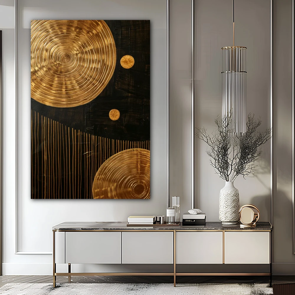 Wall Art titled: Echoes of the Cosmos in a Vertical format with: Golden, and Brown Colors; Decoration the Sideboard wall