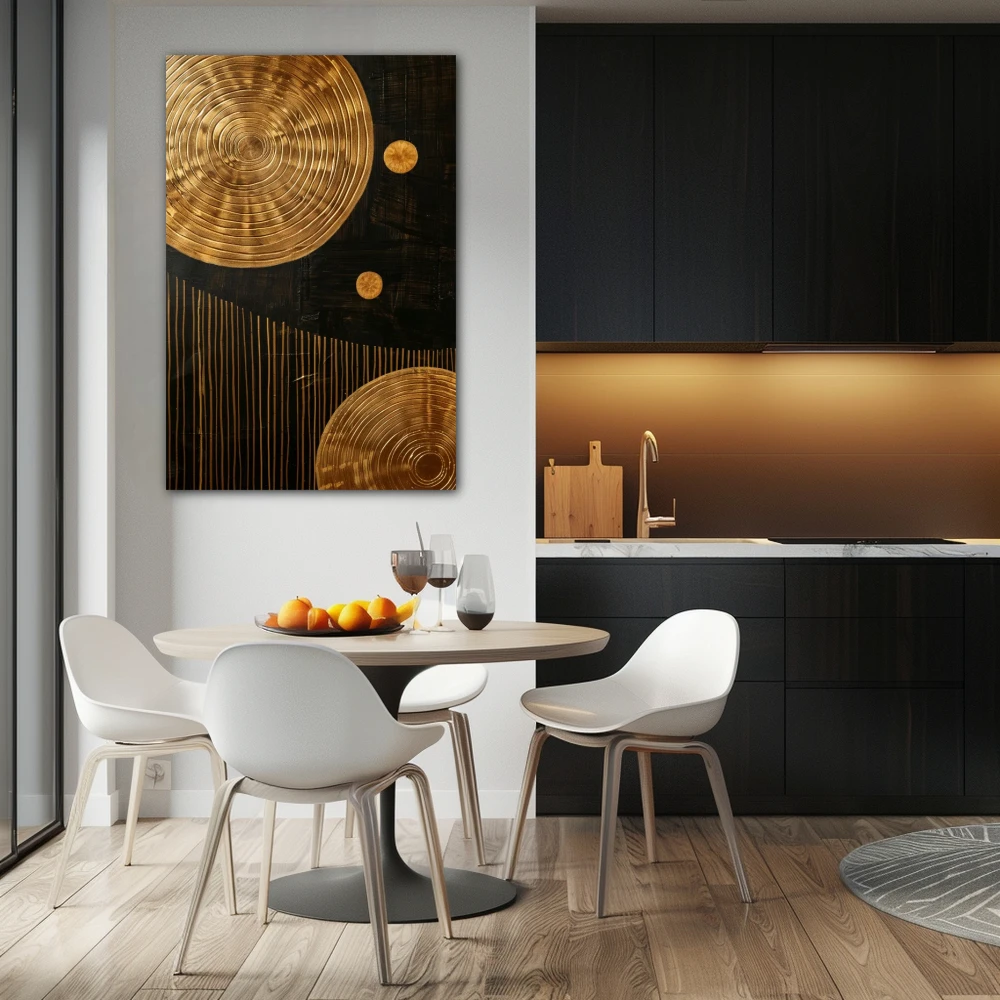 Wall Art titled: Echoes of the Cosmos in a Vertical format with: Golden, and Brown Colors; Decoration the Kitchen wall