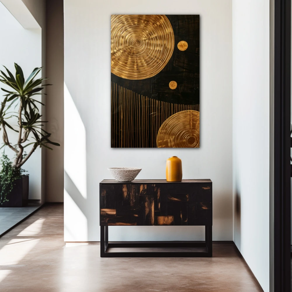 Wall Art titled: Echoes of the Cosmos in a Vertical format with: Golden, and Brown Colors; Decoration the Entryway wall