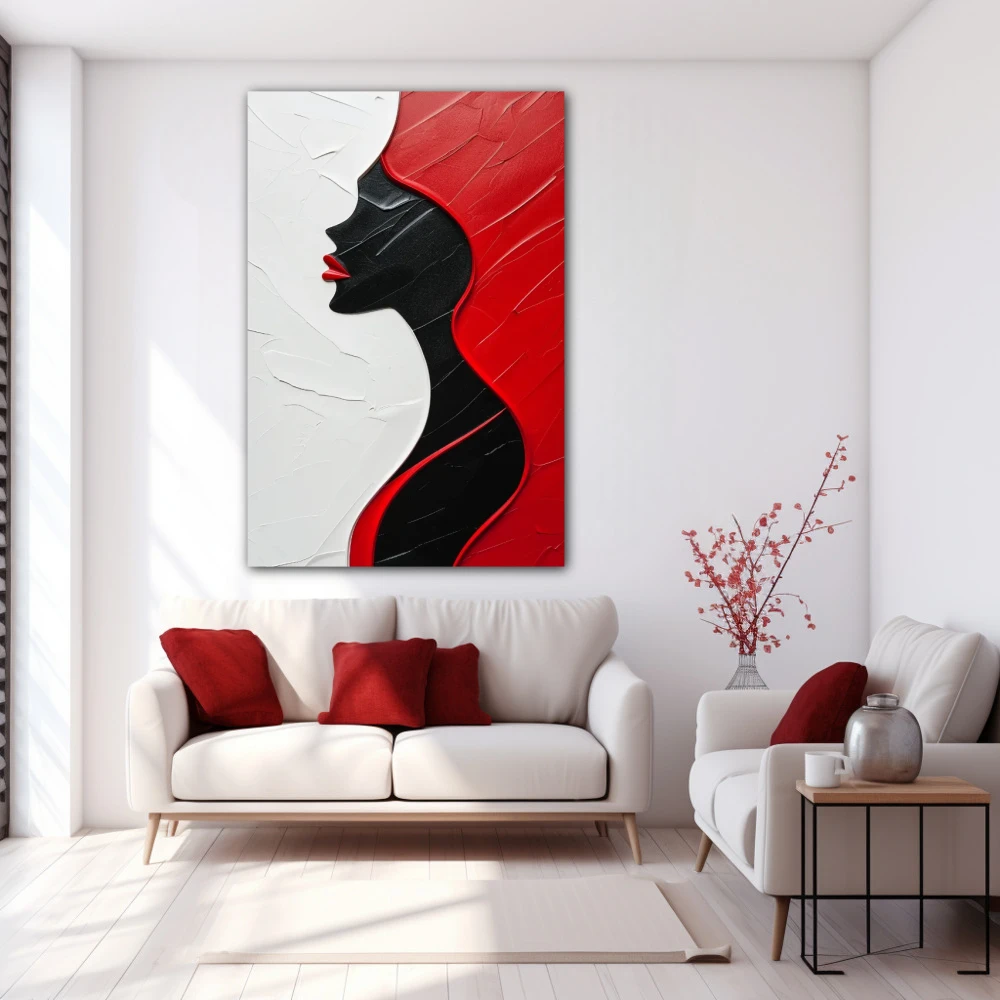 Cuadro perfil de pasiones en formato vertical con colores blanco, negro, rojo; decorando pared blanca
