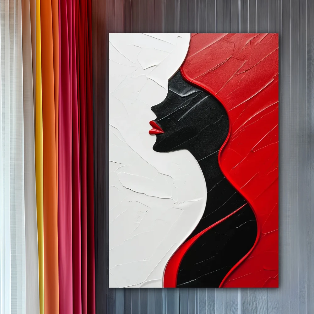 Cuadro perfil de pasiones en formato vertical con colores blanco, negro, rojo; decorando pared gris