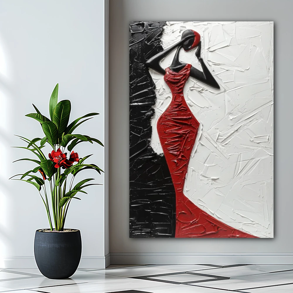 Cuadro la diva silente en formato vertical con colores gris, negro, rojo; decorando pared de baño