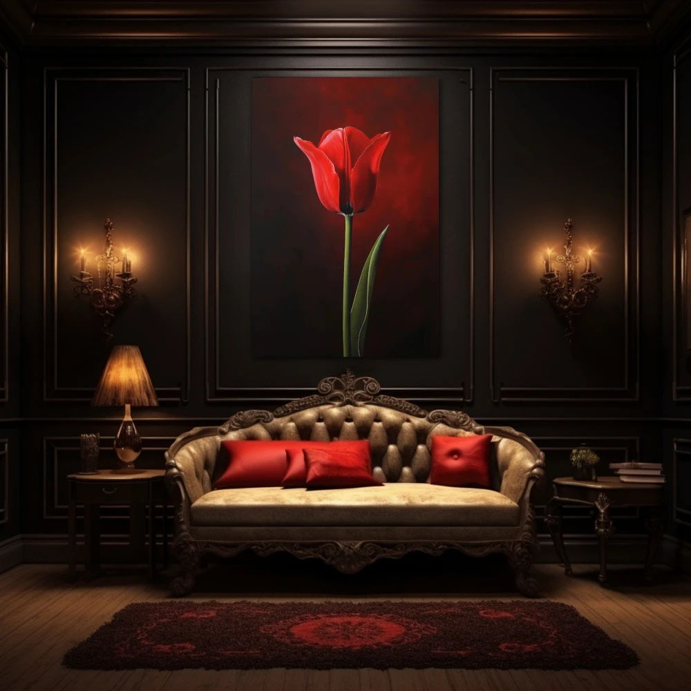Wall Art titled: Crimson Silence in a Vertical format with: Red, and Green Colors; Decoration the Above Couch wall