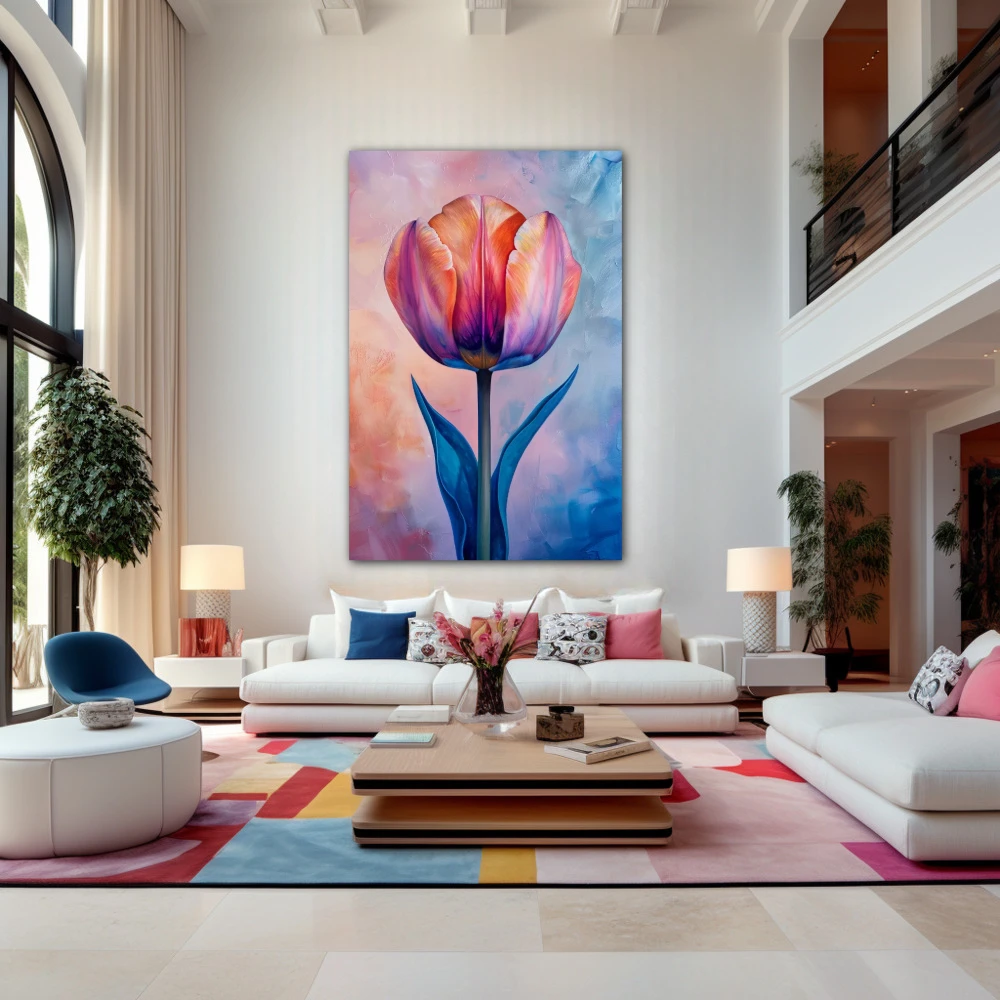 Cuadro susurro floral en formato vertical con colores celeste, rosa, pastel; decorando pared de encima del sofá