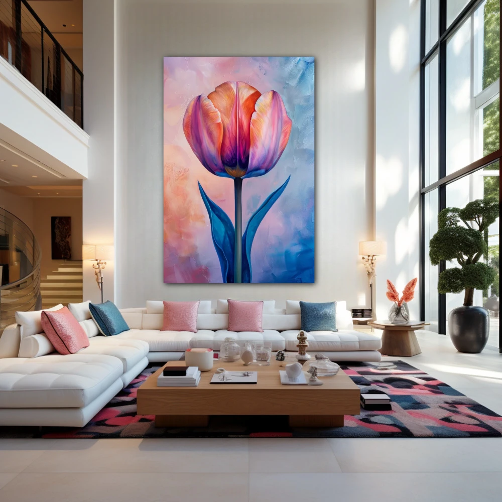 Wall Art titled: Floral Whisper in a Vertical format with: Sky blue, Pink, and Pastel Colors; Decoration the Living Room wall