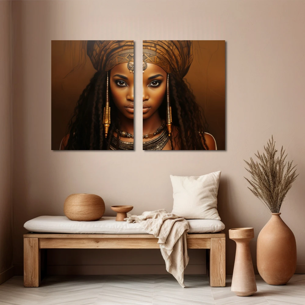 Wall Art titled: Amina Mwamba in a Horizontal format with: Golden, and Brown Colors; Decoration the Beige Wall wall