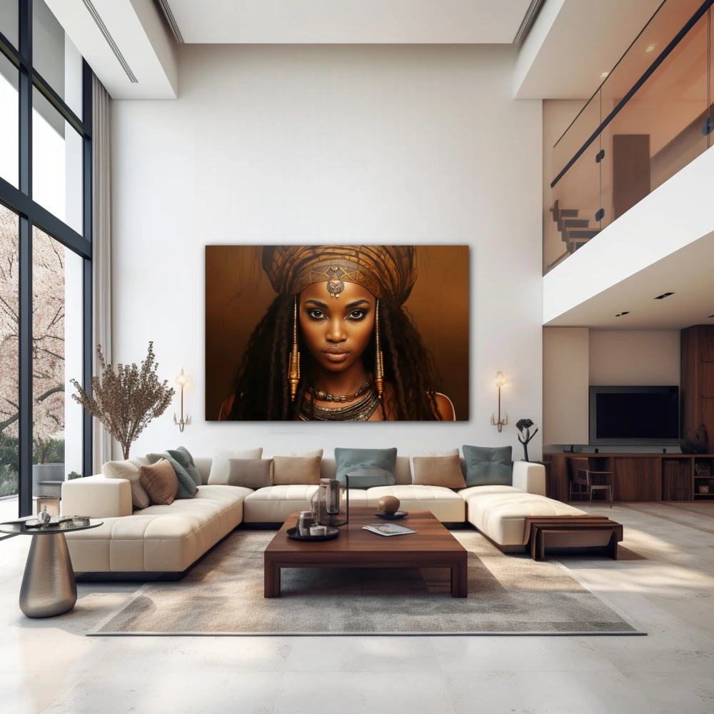 Wall Art titled: Amina Mwamba in a Horizontal format with: Golden, and Brown Colors; Decoration the Above Couch wall
