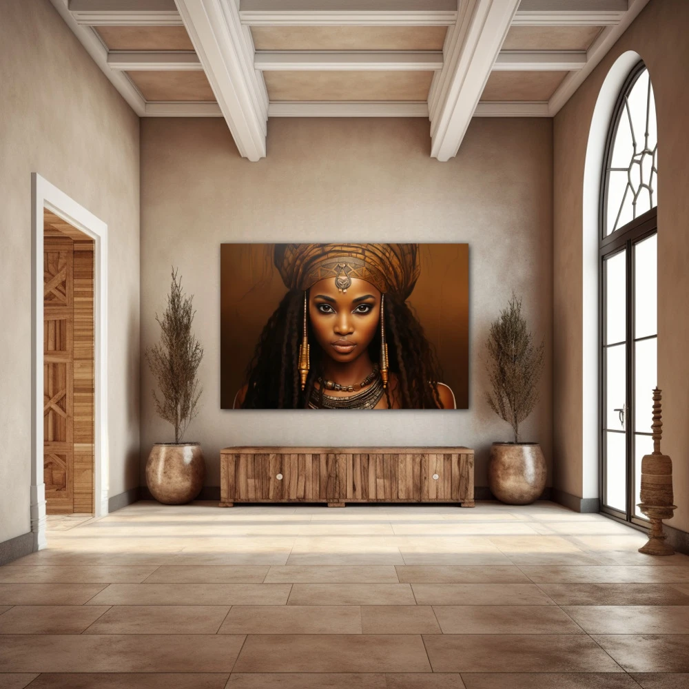 Wall Art titled: Amina Mwamba in a Horizontal format with: Golden, and Brown Colors; Decoration the Entryway wall