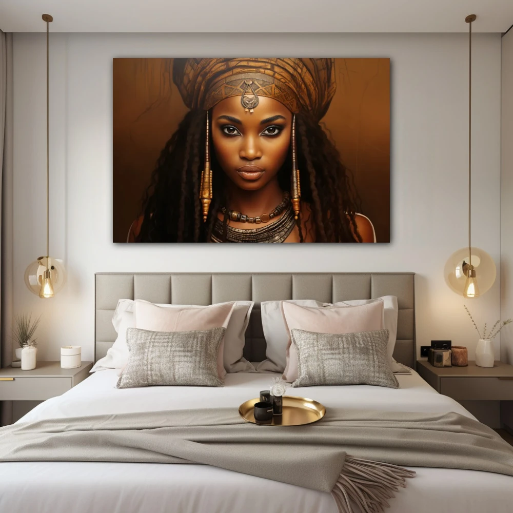 Cuadro amina mwamba en formato horizontal con colores dorado, marrón; decorando pared de habitación dormitorio