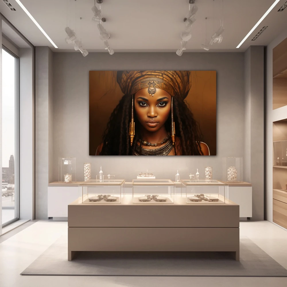 Wall Art titled: Amina Mwamba in a Horizontal format with: Golden, and Brown Colors; Decoration the Jewellery wall
