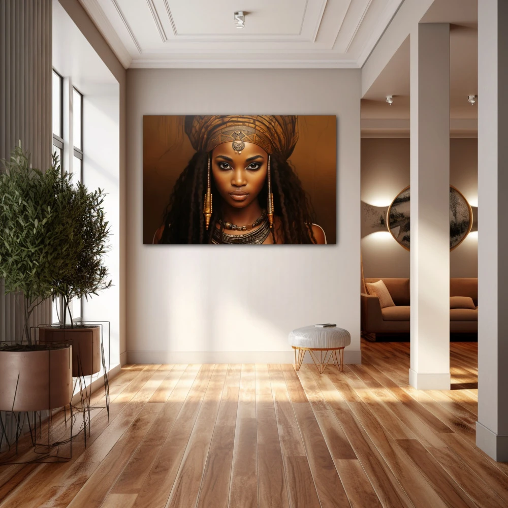 Wall Art titled: Amina Mwamba in a Horizontal format with: Golden, and Brown Colors; Decoration the Hallway wall