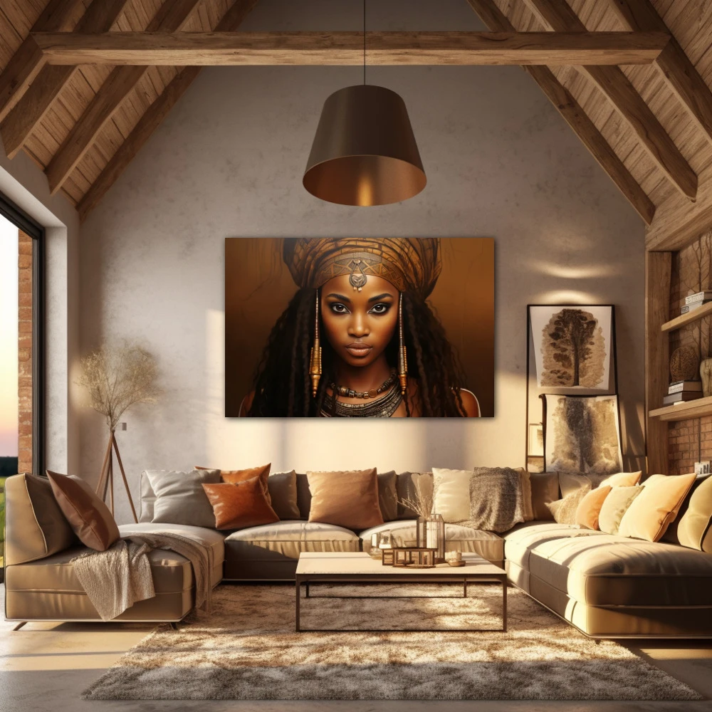 Cuadro amina mwamba en formato horizontal con colores dorado, marrón; decorando pared de salón comedor