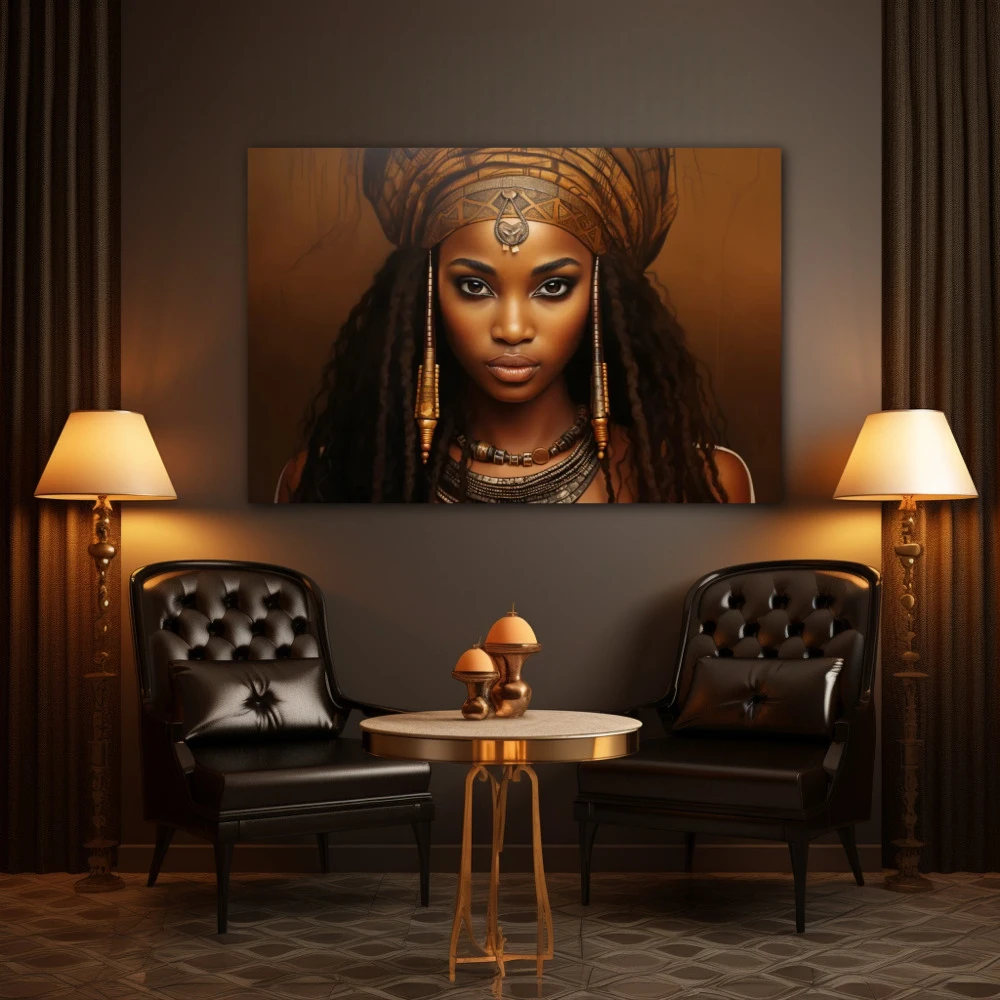 Wall Art titled: Amina Mwamba in a Horizontal format with: Golden, and Brown Colors; Decoration the Living Room wall