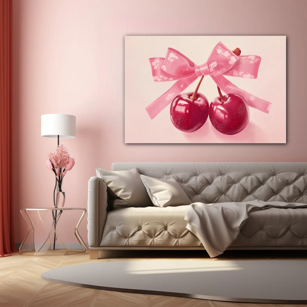 Cuadro dulce tentación en formato horizontal con colores rosa, pastel; decorando pared de encima del sofá