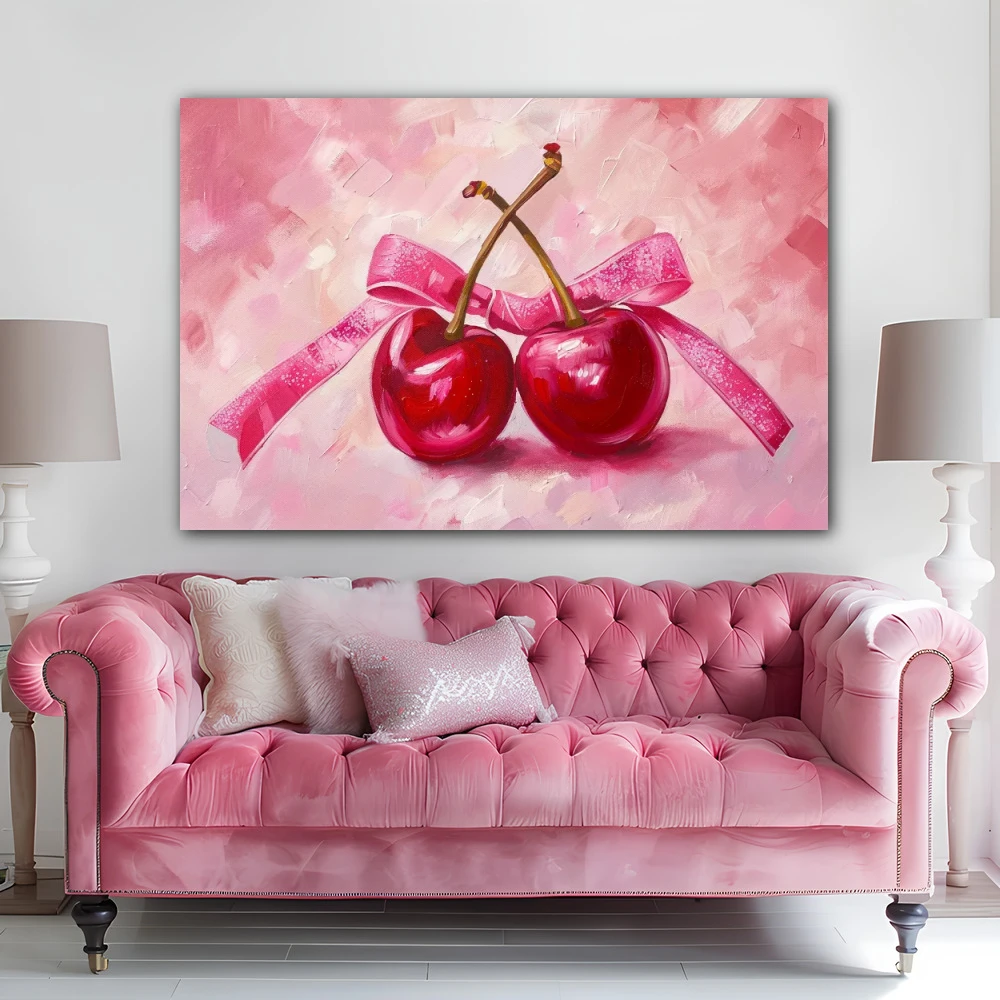 Cuadro lazos de Éxtasis frutal en formato horizontal con colores rosa, pastel; decorando pared de encima del sofá