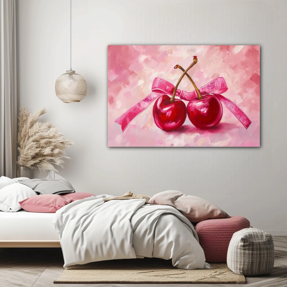 Cuadro lazos de Éxtasis frutal en formato horizontal con colores rosa, pastel; decorando pared de habitación dormitorio