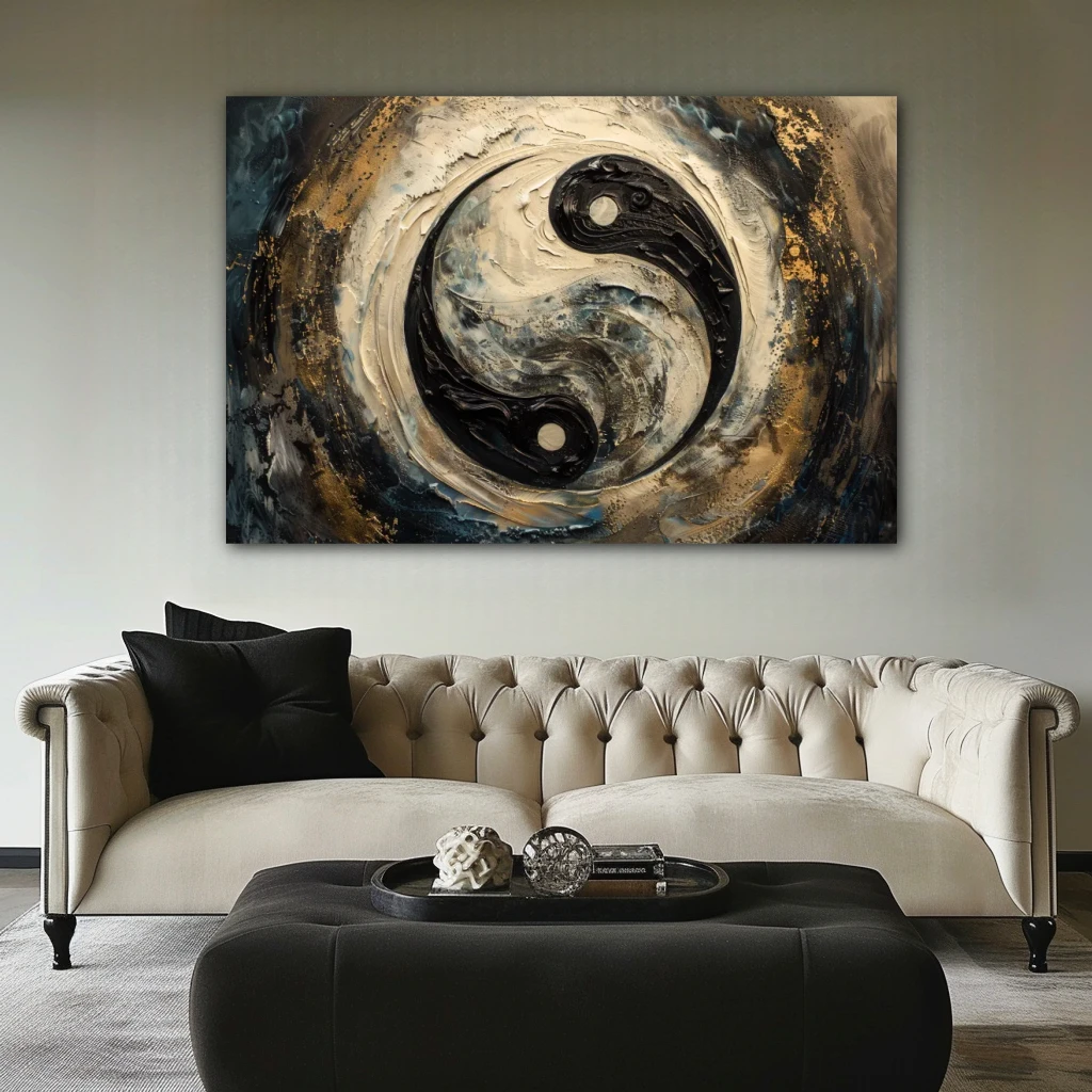 Cuadro equilibrio cósmico en formato horizontal con colores blanco, dorado, marrón; decorando pared de encima del sofá
