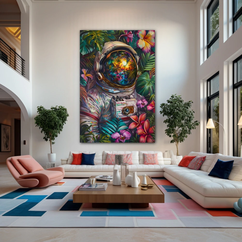 Wall Art titled: Searching for Life on Earth in a Vertical format with: Green, Violet, and Vivid Colors; Decoration the Living Room wall