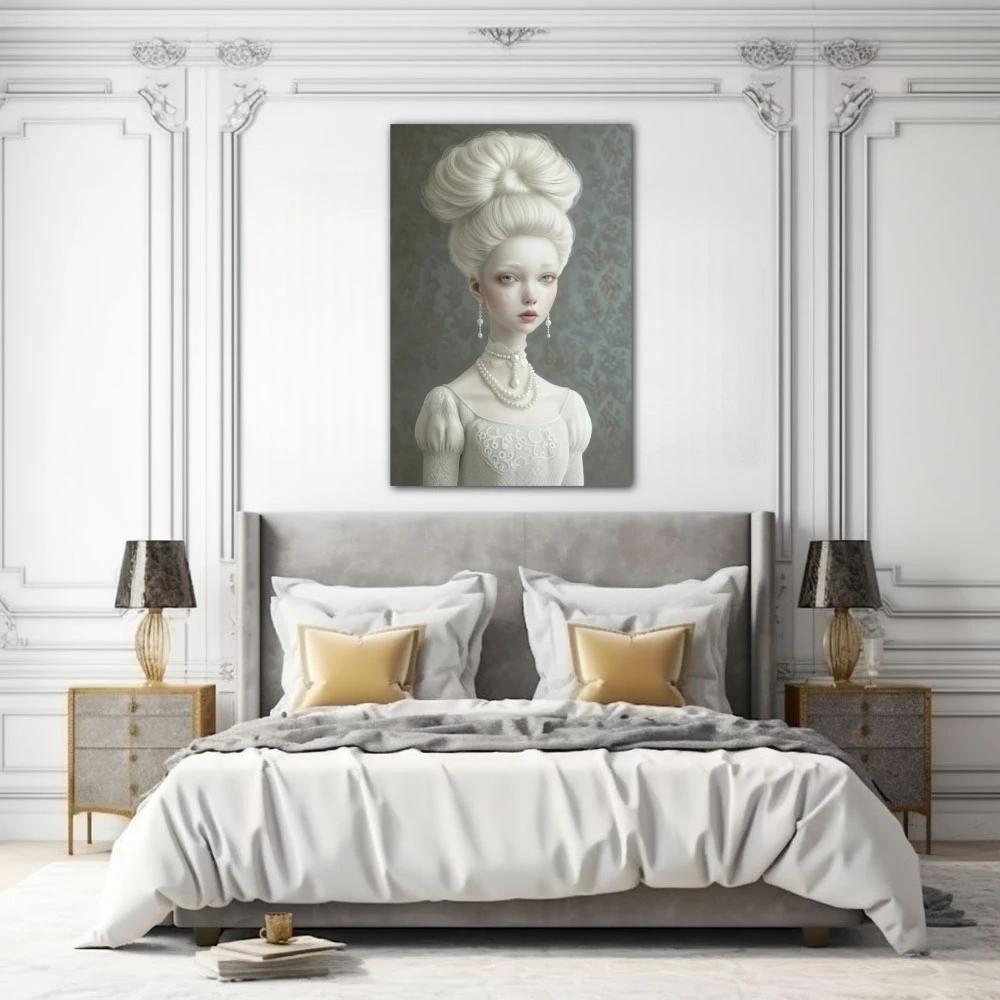 Cuadro reverie de perlas en formato vertical con colores blanco, gris, monocromático; decorando pared de habitación dormitorio