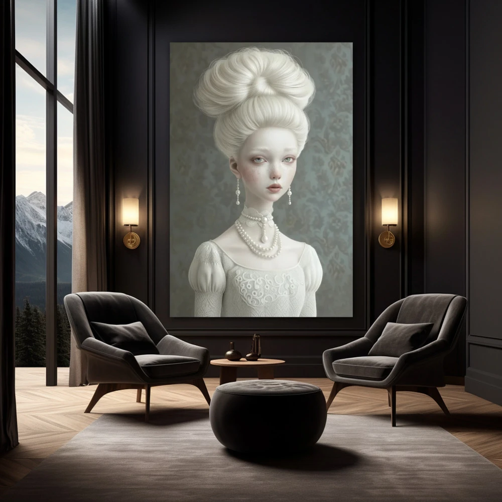 Wall Art titled: Pearl Reverie in a Vertical format with: white, Grey, and Monochromatic Colors; Decoration the Black Walls wall