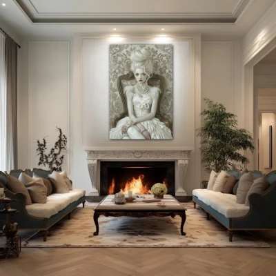 Wall Art titled: Aristocratic Fantasy in a Vertical format with: white, Grey, and Monochromatic Colors; Decoration the Fireplace wall