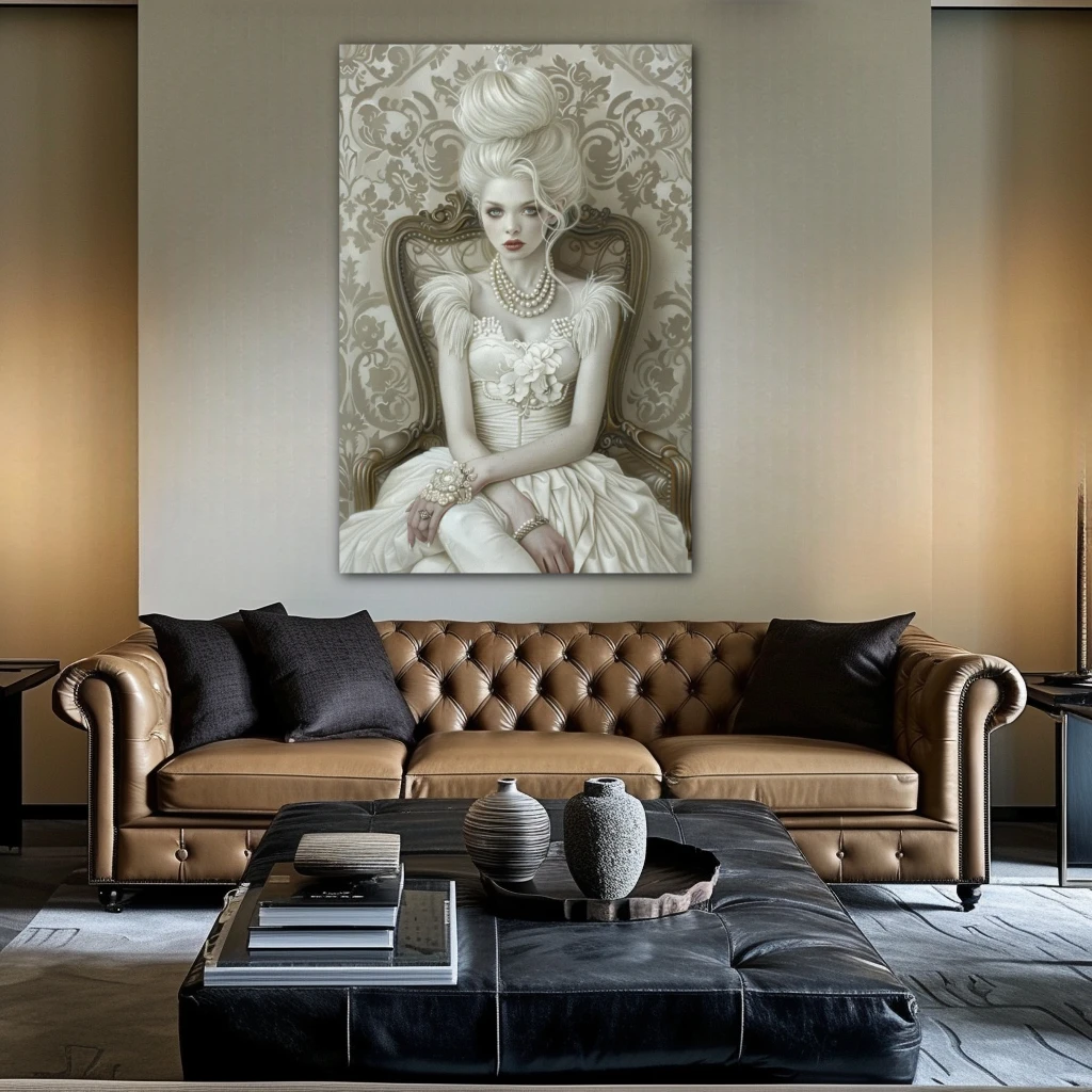 Cuadro fantasía aristocrática en formato vertical con colores blanco, gris, monocromático; decorando pared de encima del sofá