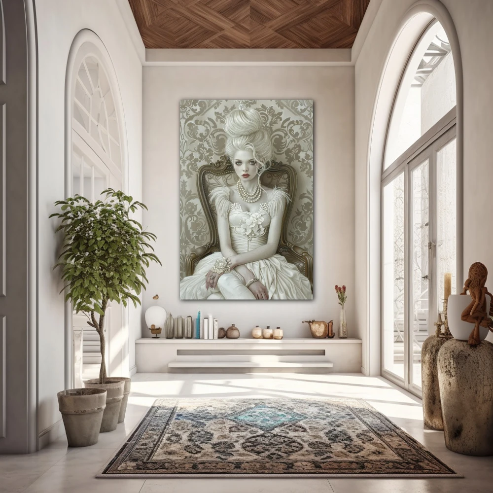 Wall Art titled: Aristocratic Fantasy in a Vertical format with: white, Grey, and Monochromatic Colors; Decoration the Entryway wall