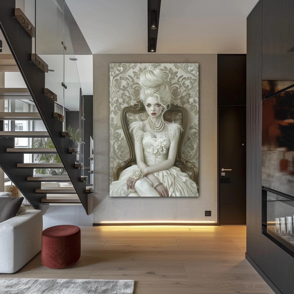 Wall Art titled: Aristocratic Fantasy in a Vertical format with: white, Grey, and Monochromatic Colors; Decoration the Staircase wall